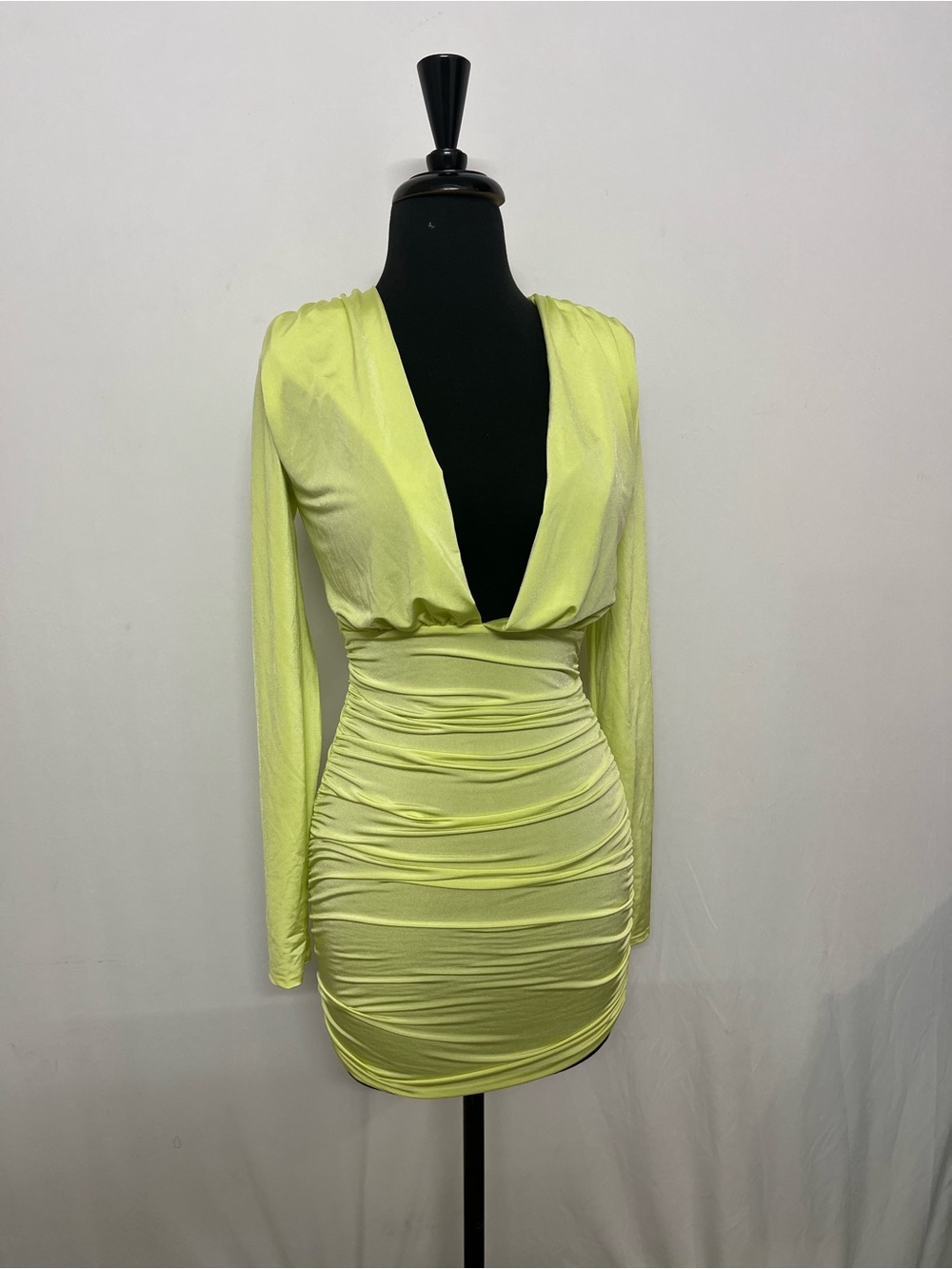 Fashion Nova Neon Yellow Plunging Long-Sleeve Ruched Mini Dress
